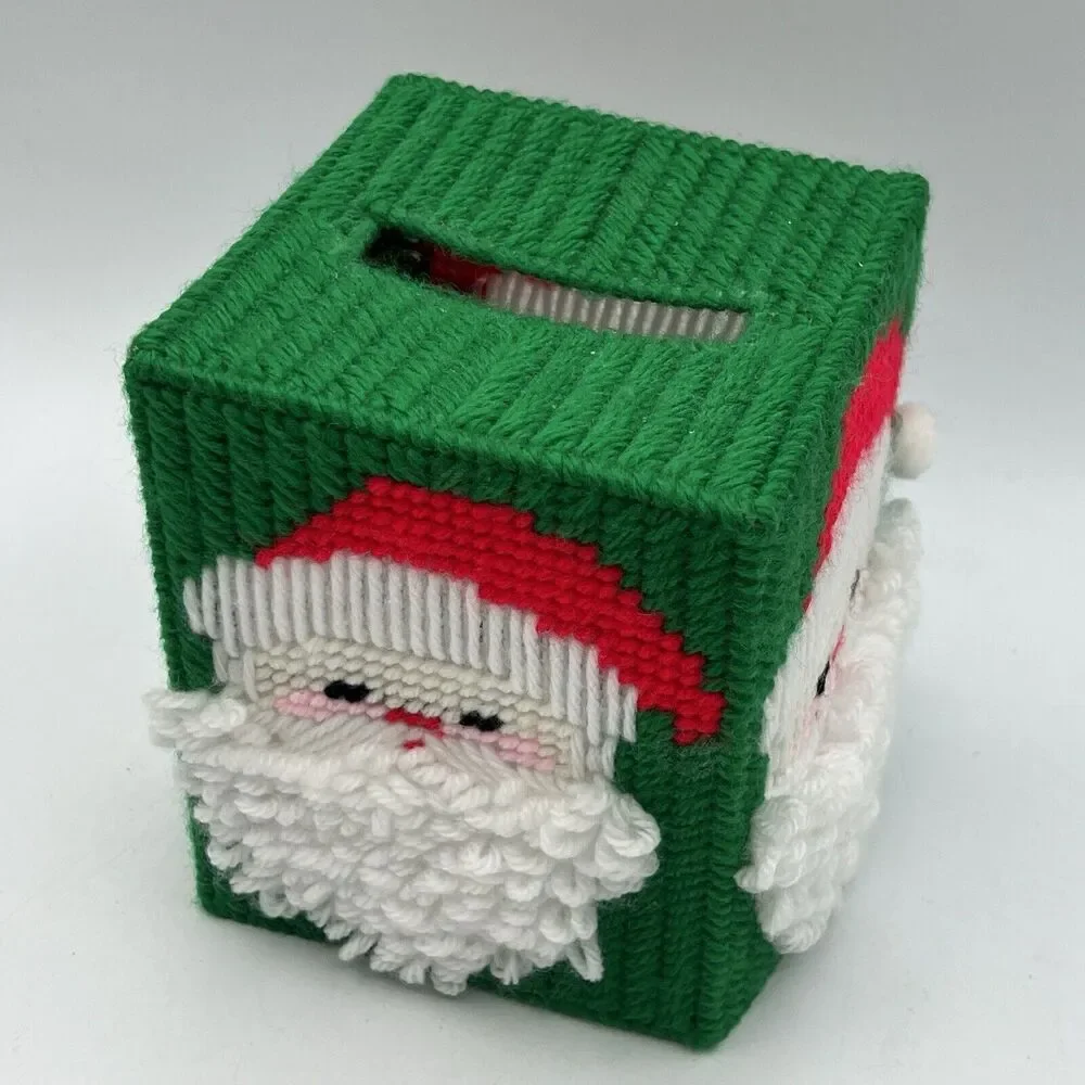 Vtg Christmas Santa Tissue Box Cover Fluffy Beard Kitsch Needlepoint Cottagecore